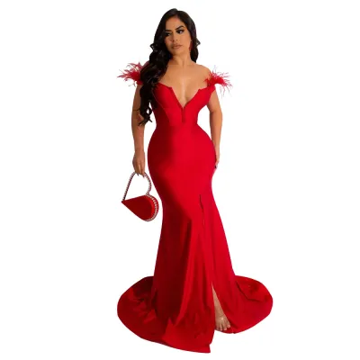 Fashion Women Solid Color V-Neck Sleeveless Slit Mermaid Dress