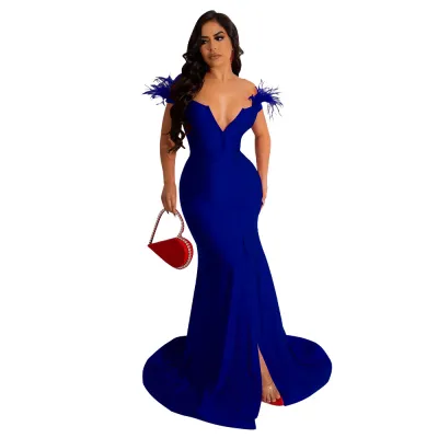 Fashion Women Solid Color V-Neck Sleeveless Slit Mermaid Dress