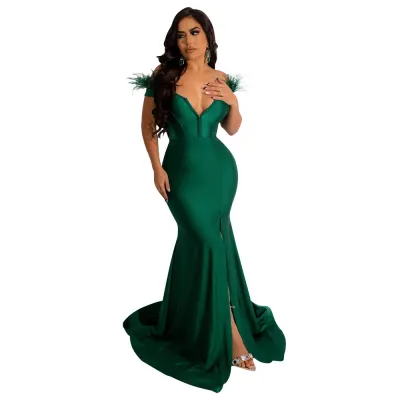 Fashion Women Solid Color V-Neck Sleeveless Slit Mermaid Dress