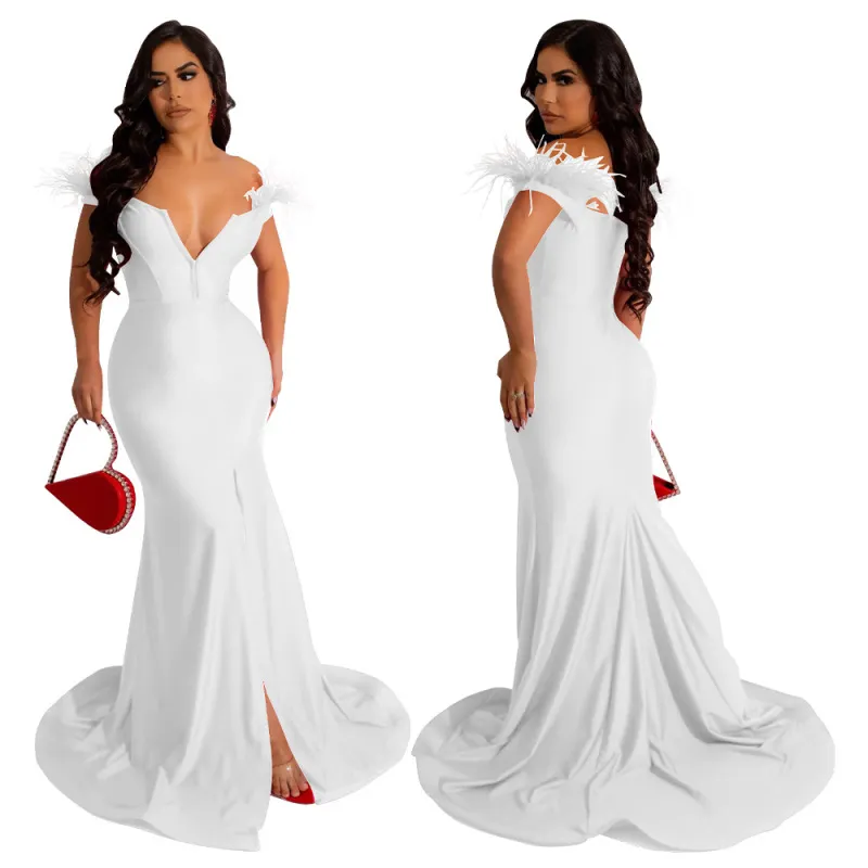 Fashion Women Solid Color V-Neck Sleeveless Slit Mermaid Dress