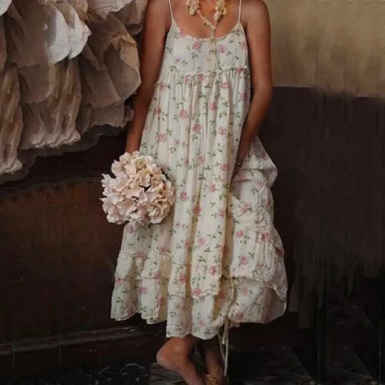 Women's Floral Print Spaghetti Strap Sundress - Retro High Waist Long Dress