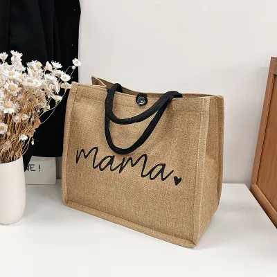 Women Fashion Linen Large-Capacity Casual Mama Letter Pattern Canvas Tote Bag