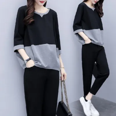 Women Plus Size Loose Color Blocking Top And Pants Casual Set