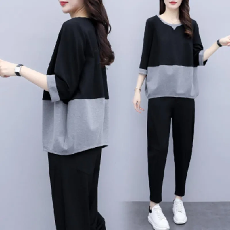 Women Plus Size Loose Color Blocking Top And Pants Casual Set