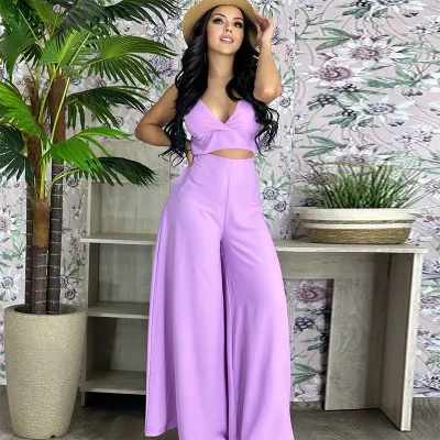 Women Summer Vacation Crop Top And Wide Leg Pants Two-Piece Solid Color Set
