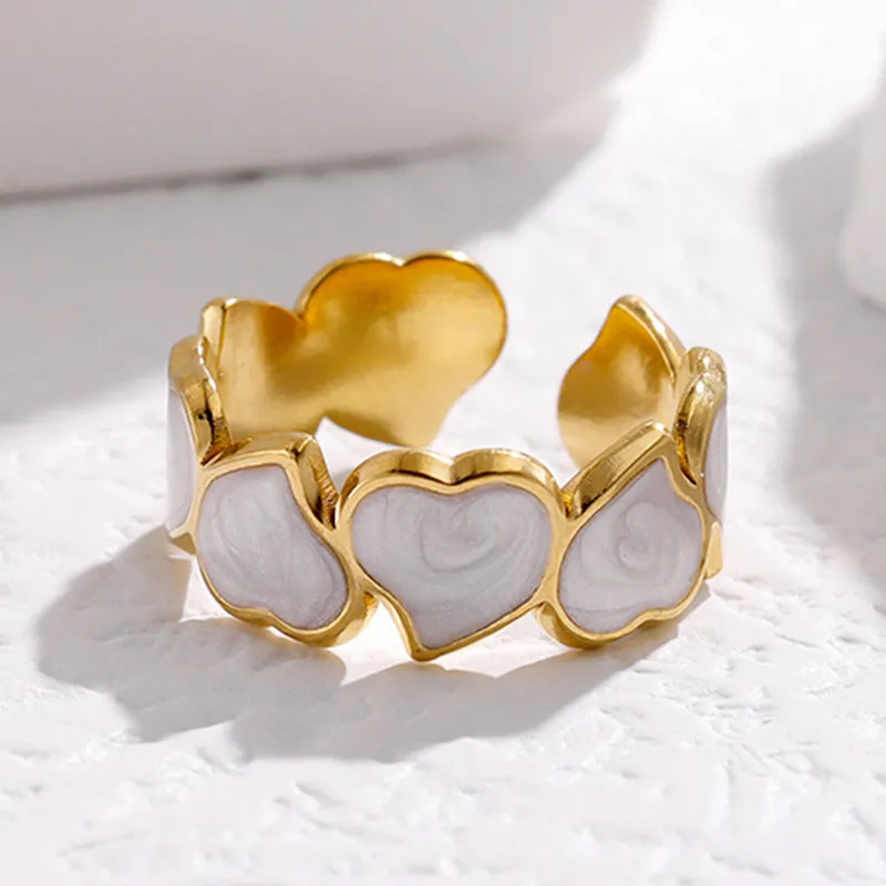 Women Fashion Hearts Drip Oil Stainless Steel Open Rings