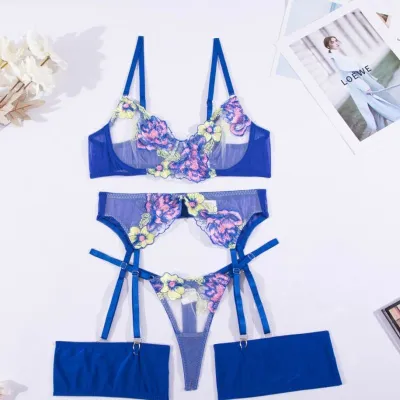 Women's Sexy Embroidered Mesh See-Through Lingerie Bra Set with Garters