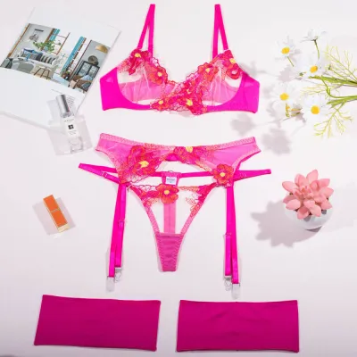 Women's Sexy Embroidered Mesh See-Through Lingerie Bra Set with Garters
