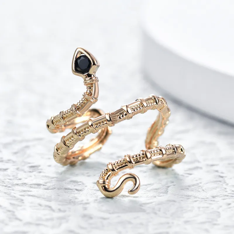 Women's Exaggerated Gold Plated Copper Black Zircon Snake Open Ring