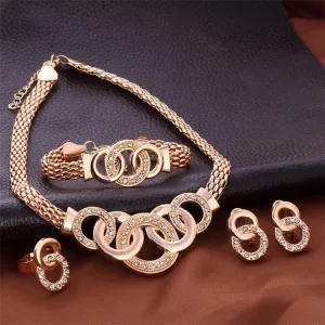|Women Fashion Rhinestones Circles Chain Elegant Stud Earrings Bracelet Necklace Jewelry Set
