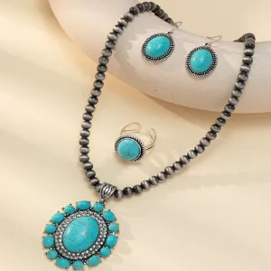 Women Fashion Oval Turquoise Pendant Beads Necklace Earrings Ring Jewelry Set