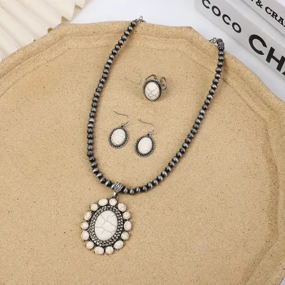 Women Fashion Oval Turquoise Pendant Beads Necklace Earrings Ring Jewelry Set