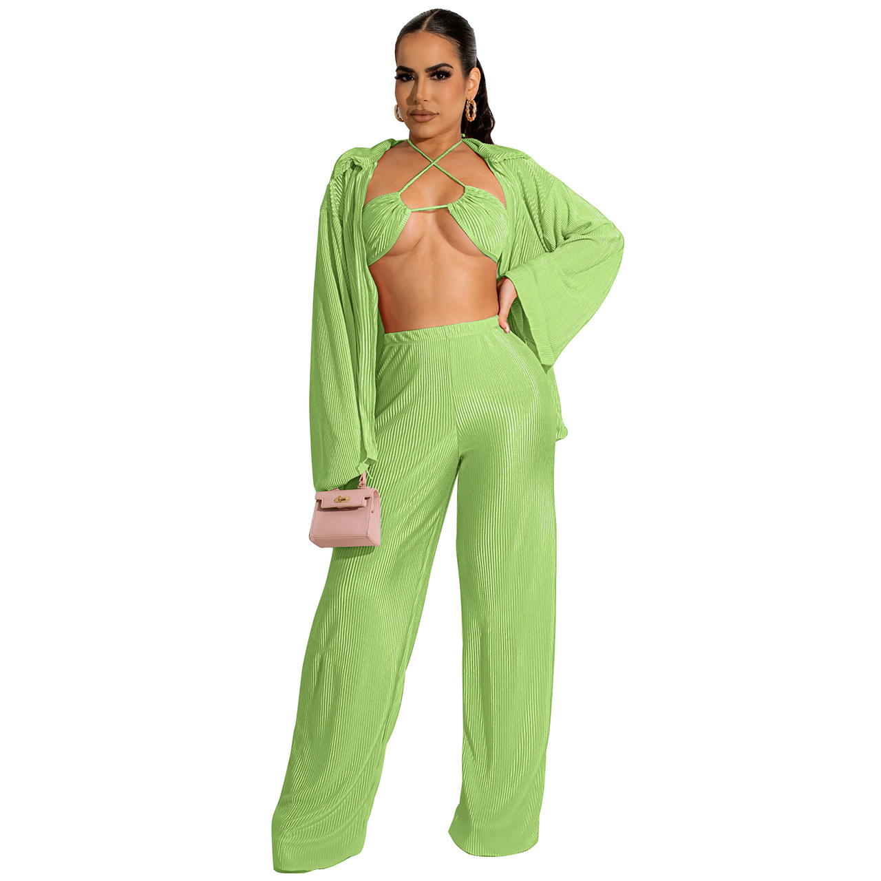 K*w様 18-19 GREEN CLOTHIG BIBPANTS L TURQ Wholesale Women Fashion Summer Vacation Solid Color Pleated