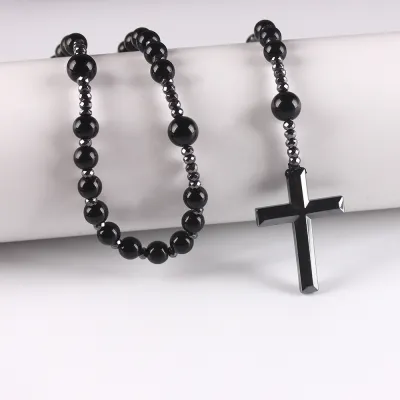 Men'S Fashion Black Gallstone Cross Rosary Necklace Vintage Agate Ball Chain Unisex Geometric