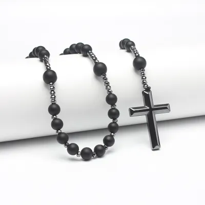 Men'S Fashion Black Gallstone Cross Rosary Necklace Vintage Agate Ball Chain Unisex Geometric