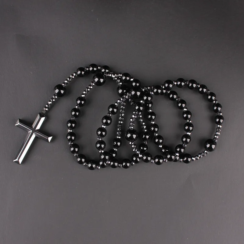 Men'S Fashion Black Gallstone Cross Rosary Necklace Vintage Agate Ball Chain Unisex Geometric