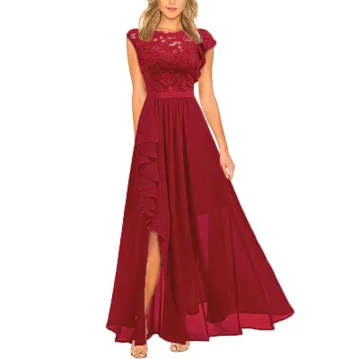 Women Evening Elegant High Waist Long Ruffle Lace Dress