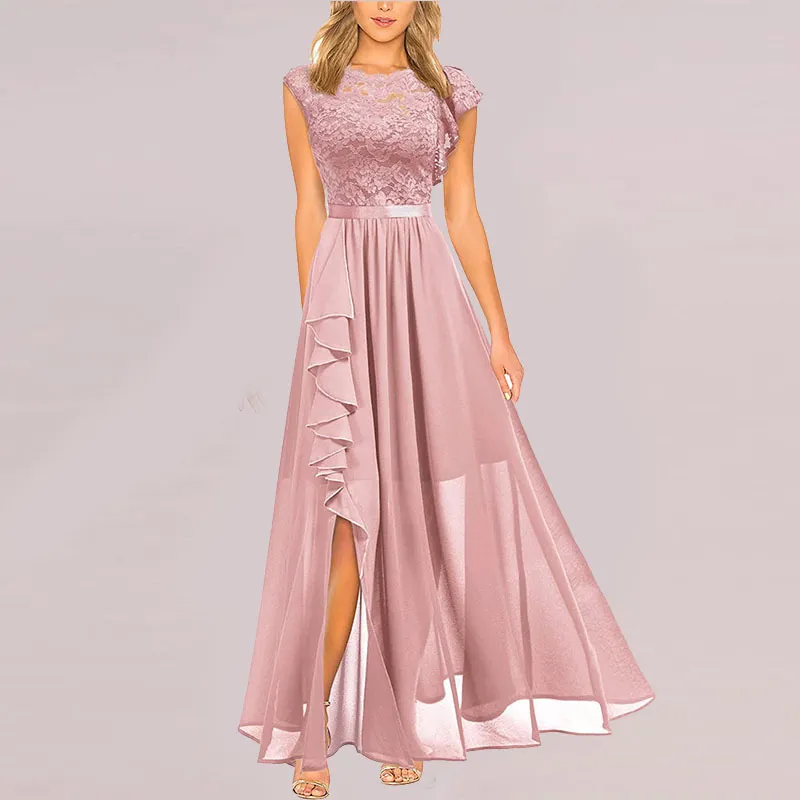 Women Evening Elegant High Waist Long Ruffle Lace Dress
