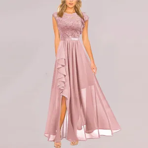 Women Evening Elegant High Waist Long Ruffle Lace Dress