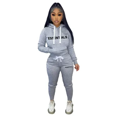 Women Athleisure Casual Letter Print Hoodied Drawstring Sweatpants Two-Piece Set