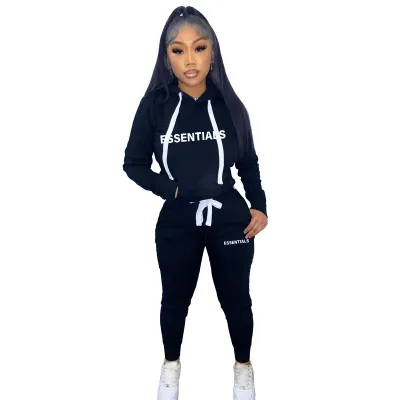 Women Athleisure Casual Letter Print Hoodied Drawstring Sweatpants Two-Piece Set