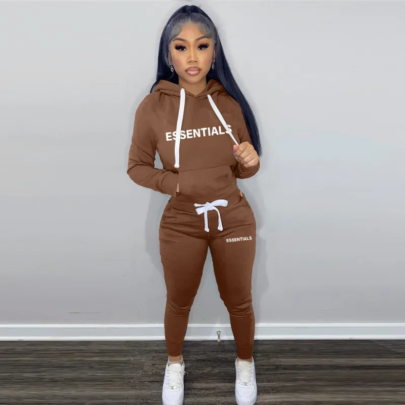 Women Athleisure Casual Letter Print Hoodied Drawstring Sweatpants Two-Piece Set