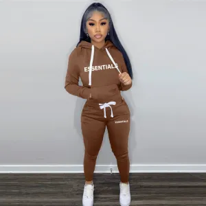 Women Athleisure Casual Letter Print Hoodied Drawstring Sweatpants Two-Piece Set