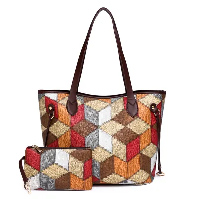 Women Fashion Colorful Contrasting Plaid Stitching Printing Large Capacity PU Shoulder Handbag