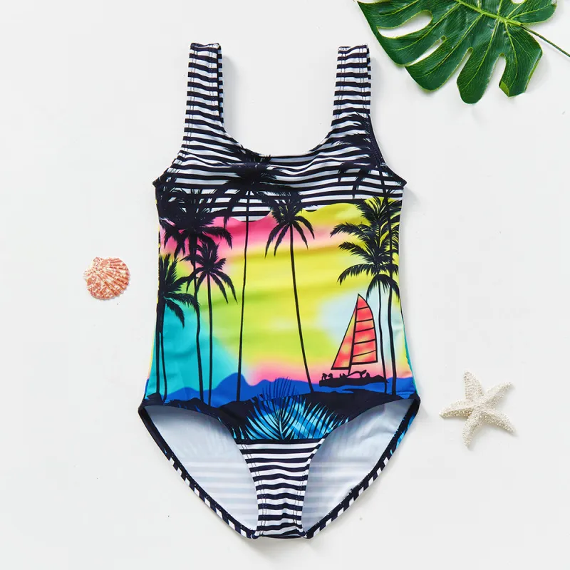 Girls Coconut Tree Print One-Piece Swimsuit for Kids Baby