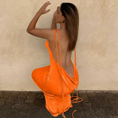 Women's Sexy Backless Lace-Up Halter Neck Slim Maxi Dress