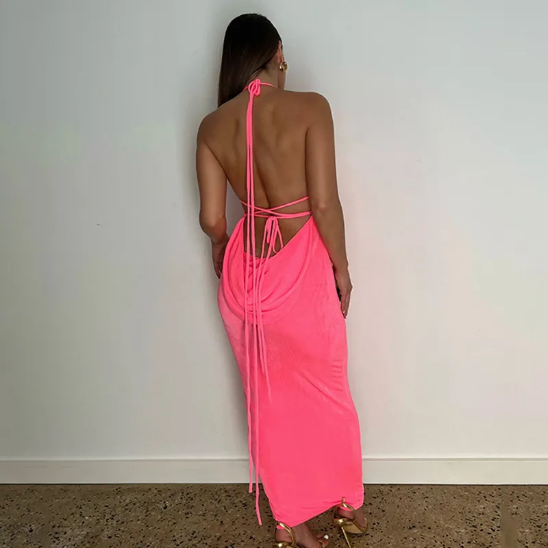 Women's Sexy Backless Lace-Up Halter Neck Slim Maxi Dress
