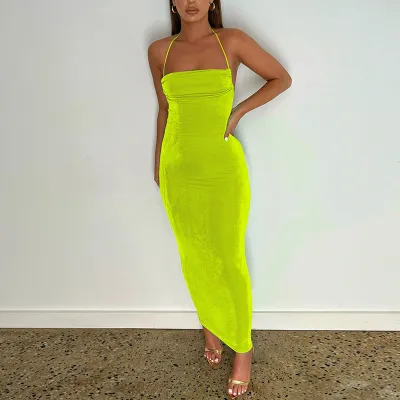 Women's Sexy Backless Lace-Up Halter Neck Slim Maxi Dress
