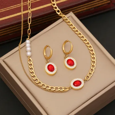 WomenS Fashion Red Zircon Pearl Necklace Earrings Bracelet