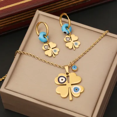 WomenS Fashion Clover Stainless Steel Eye Necklace Bracelet Earrings