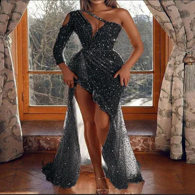Women Party Sexy High Slit Long Sleeve Sequin Evening Dress