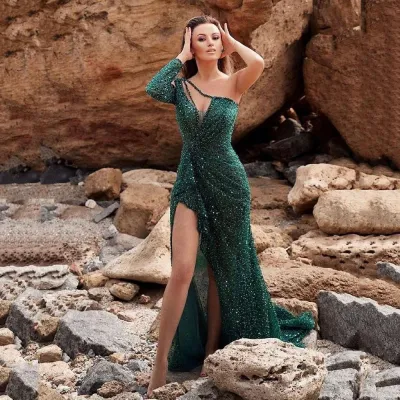 Women Party Sexy High Slit Long Sleeve Sequin Evening Dress