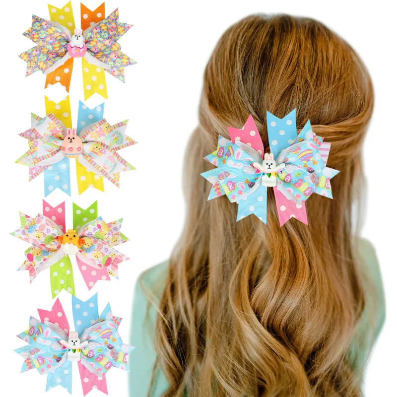Kids Baby Girls Bunny Color Matching Bowknot Hair Clip Alloy Duckbill Clip