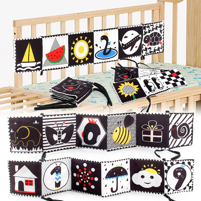 Children Kids Baby 12-Page Double-Sided Black White Bedside Cloth Book Educational Soft Fabric Toy