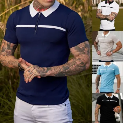 MenS Casual Lapel Slim Fit Color Matching Short-Sleeved Polo Shirt