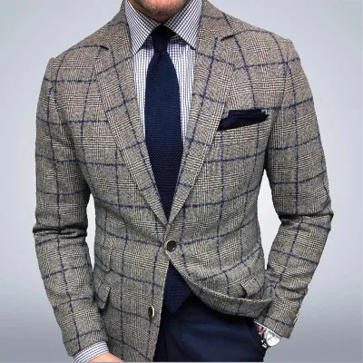 Men's Single-Breasted Two-Button Checked Slim-Fit Suit