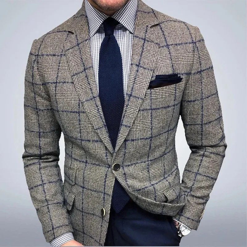 Men's Single-Breasted Two-Button Checked Slim-Fit Suit