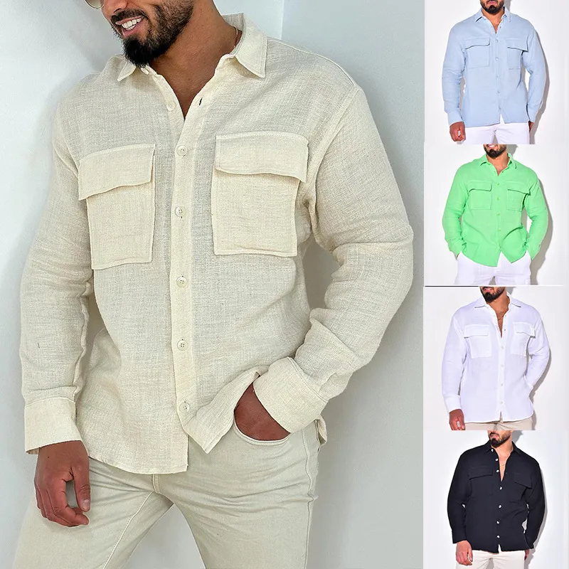 Men's Solid Linen Long Sleeve Shirt with Stand Collar
