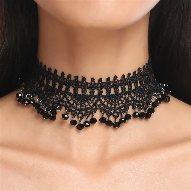 Women Sexy Vintage Black Lace Beads Tassel Choker