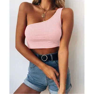 Solid Color Low-Cut Sleeveless One Shoulder Rib-Knit Crop Top