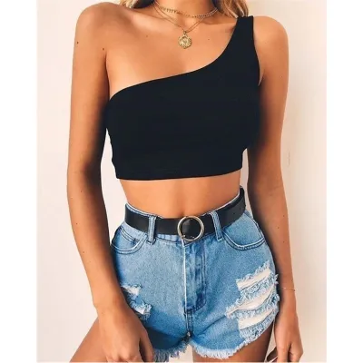 Solid Color Low-Cut Sleeveless One Shoulder Rib-Knit Crop Top