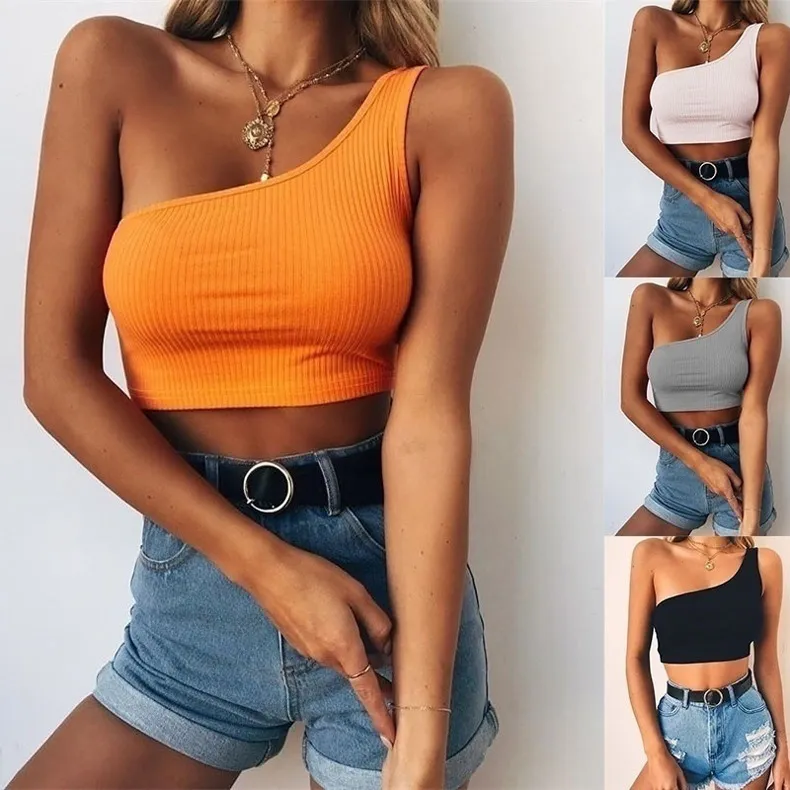 Solid Color Low-Cut Sleeveless One Shoulder Rib-Knit Crop Top