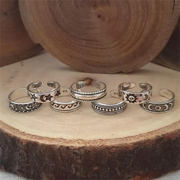 Women's Fashion Carved Stars Sun Crescent Alloy Metal Open Toe Midi Rings