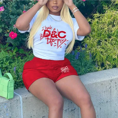 Women Summer Casual Athleisure Short Sleeve Letter Print T-Shirt And Tight Shorts Set