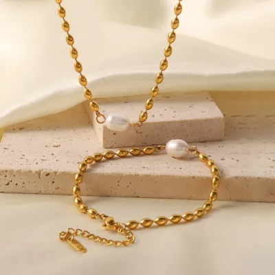 Women Fashion Simple Gold Beads Imitation Pearl Bracelet Necklace Jewelry Set