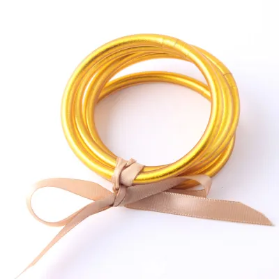 Women Simple Fashion PVC Silicone Tube Gold Foil Bangle (9 Pieces/Set)